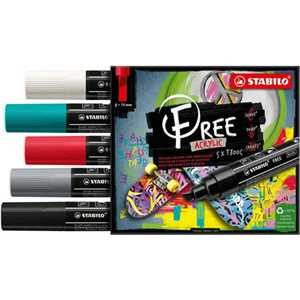Cartoleria Marker acrilico - STABILO FREE Acrylic - T800C Punta a scalpello 4-10mm - Bold Edition - Astuccio da 5 - Colori assortiti STABILO